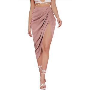 NEW Split Thigh Front Satin High Waist Ruched Zip Back Midi Skirt S